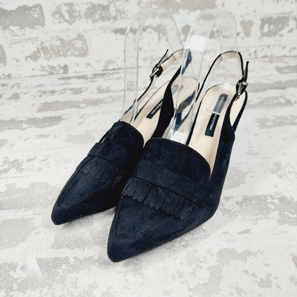 New FRENCH CONNECTION Dainty Kiltie Vegan Leather Slingback Pump In Black H293 - Picture 2 of 12